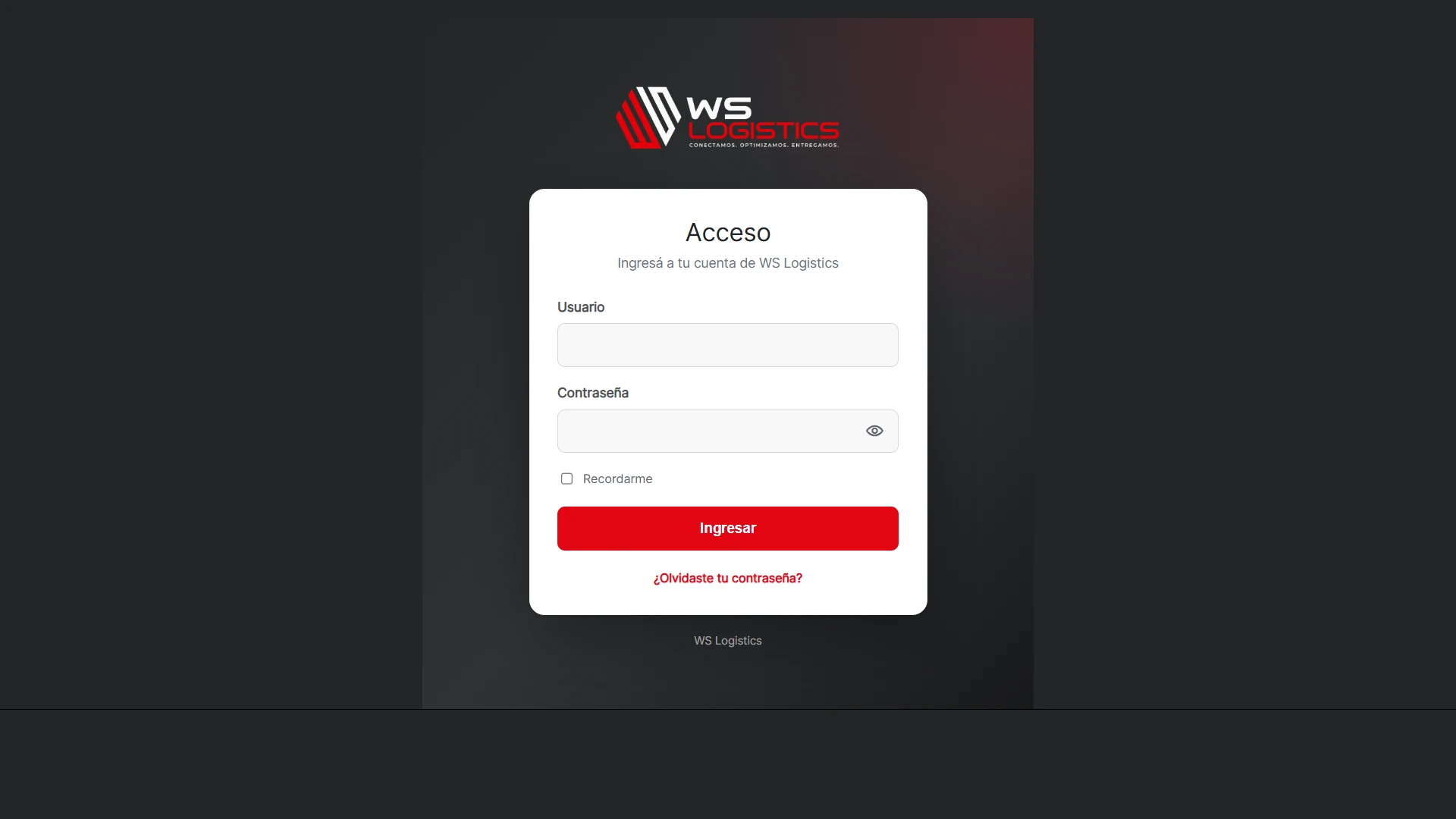 Pantalla de acceso a WS Logistics en computadora