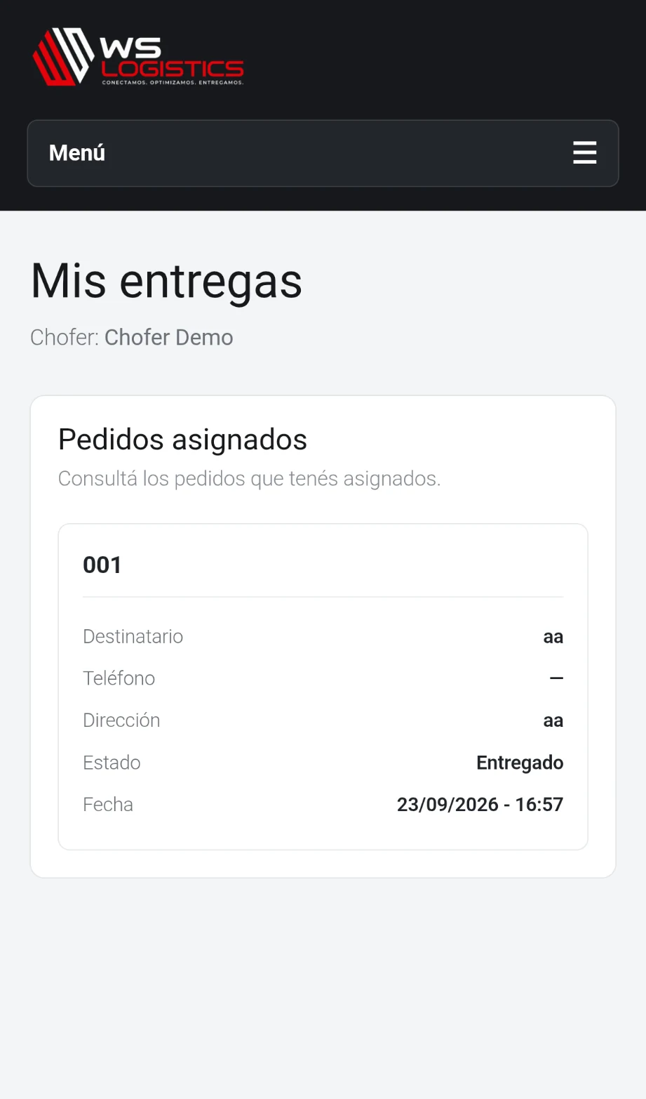 Vista móvil de las entregas asignadas al chofer