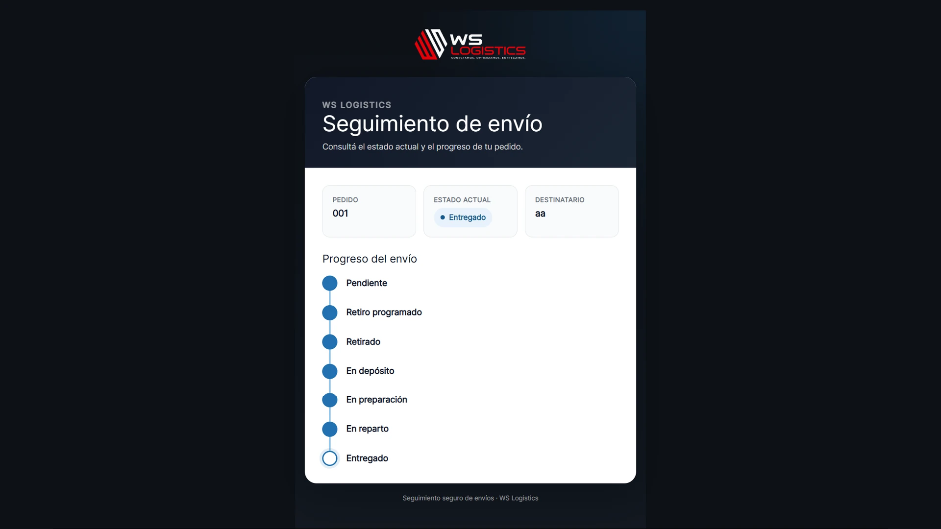Página pública de seguimiento con estado y progreso del envío
